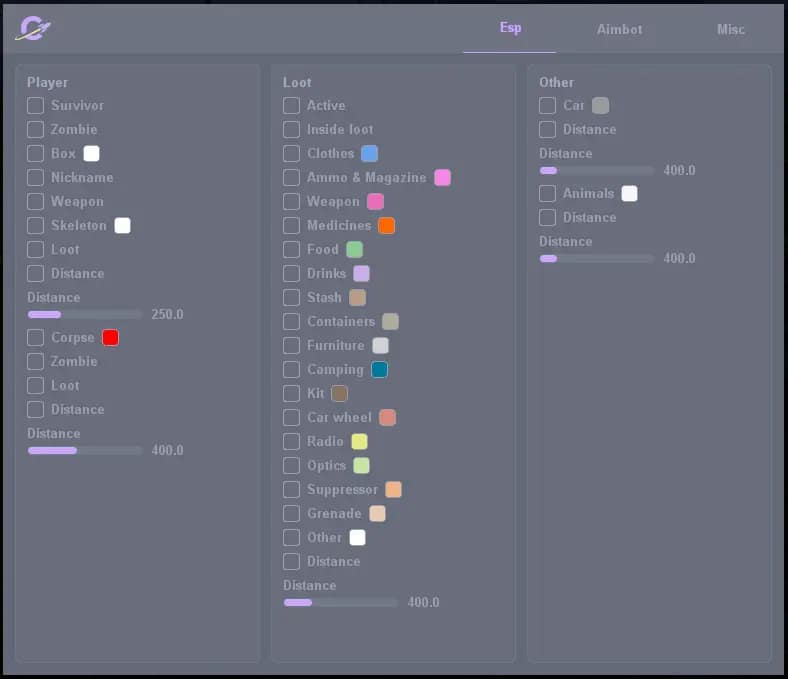 DayZ Cheat Menu Interface – Aimbot and ESP Settings
